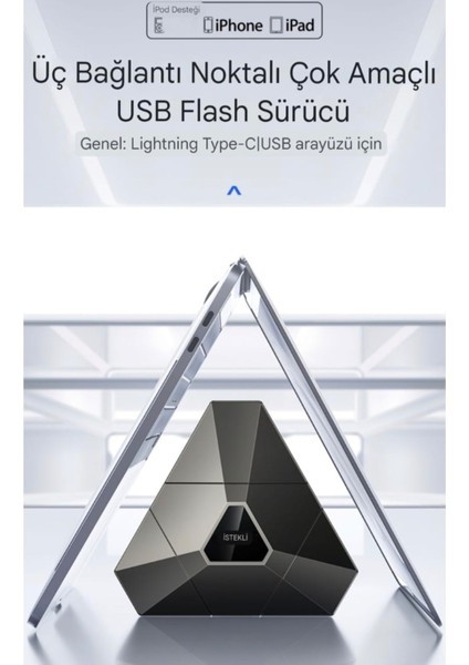 i90 MFİ Apple Lisanslı 256Gb.3ü 1 Arada Usb+Type-C+İphone Lightning Flash Bellek Usb 3.0 Süper Hızlı Tüm Telefon Tablet Bilgisayar İpad için Uygundur Minik Metal Sağlam Orjinal
