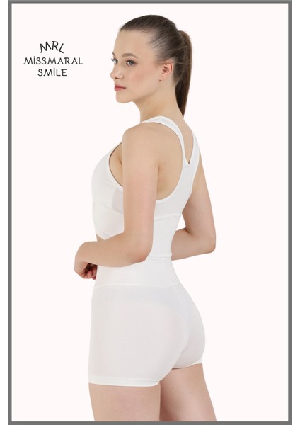 Kadın Mini Şort Boxer Ekru Yüksek Bel Sıkılaştırıcı Fit Görünüm 11080