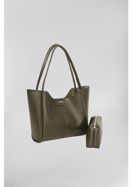 Kadın Haki Büyük Boy Makyaj Çantalı El ve Omuz Çantası