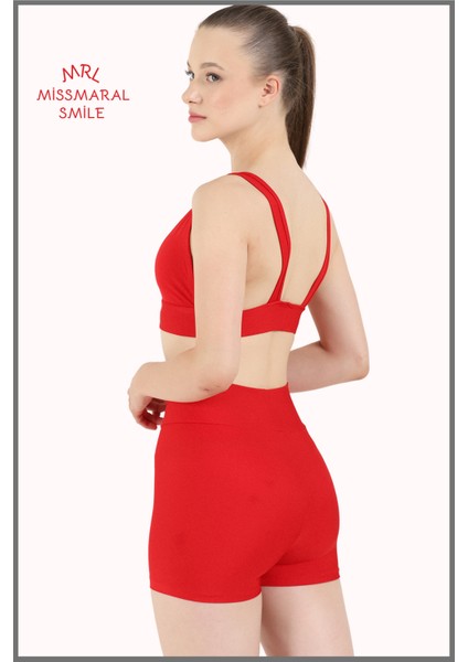 Kadın Mini Şort Boxer Kırmızı Yüksek Bel Fit Görünüm 11080