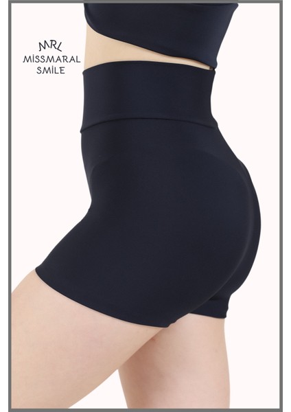 Kadın Mini Şort Boxer Lacivert Yüksek Bel Fit Görünüm 11080