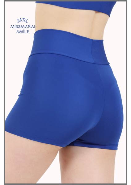 Kadın Mini Şort Boxer Saks Mavi Yüksek Bel Fit Görünüm 11081