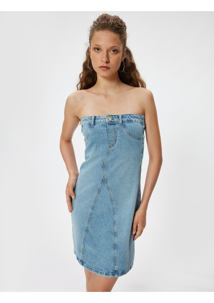 Straplez Kot Elbise Mini Kolsuz A Kesim Düğmeli Dikiş Detaylı Slim Fit