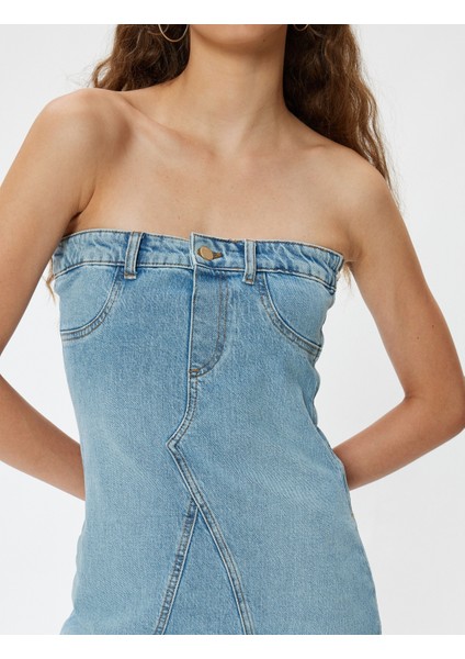 Straplez Kot Elbise Mini Kolsuz A Kesim Düğmeli Dikiş Detaylı Slim Fit