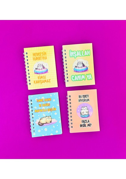 Mini 4'lü Kedi Mottolu Spiralli Defter