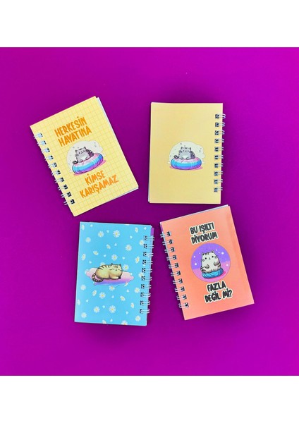 Mini 4'lü Kedi Mottolu Spiralli Defter modelleri