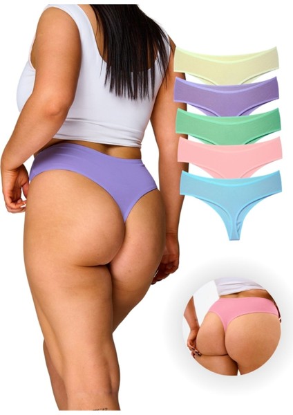 Alya Underwear Kadın Yüksek Bel, Toparlayıcı, Tanga Külotlar - Sarı, Lila, Mint, Mavi, Somon - 5'li Paket