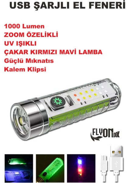 ŞARJ EDİLEBİLİR HEM FENER HEM ORTAM AYDINLATMALI 5 FONKSİYONLU ÖN KISIM LAZER LED MIKNATISLI KLİPSLİ