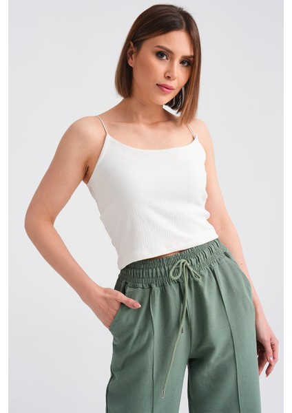 Kadın İp Askılı Bürümcük Crop Body Ekru - 21117