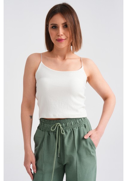 Kadın İp Askılı Bürümcük Crop Body Ekru - 21117