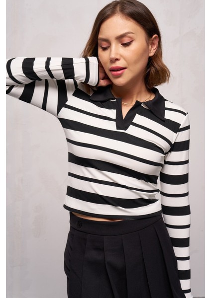 Kadın Polo Yaka Çizgili Crop Body Ekru - 5433