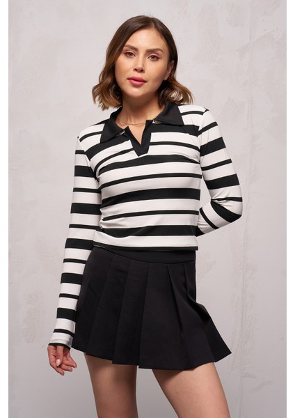 Kadın Polo Yaka Çizgili Crop Body Ekru - 5433