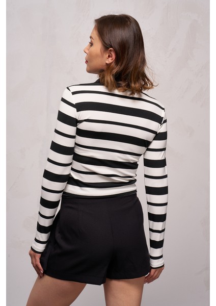 Kadın Polo Yaka Çizgili Crop Body Ekru - 5433