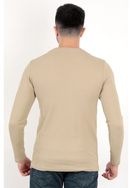 Erkek Vizon Bisiklet Yaka Slim Fit Esnek Waffle Kumaş Dokulu Uzun Kollu T-Shirt - 5073-2