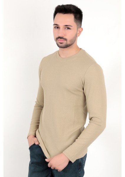Erkek Vizon Bisiklet Yaka Slim Fit Esnek Waffle Kumaş Dokulu Uzun Kollu T-Shirt - 5073-2