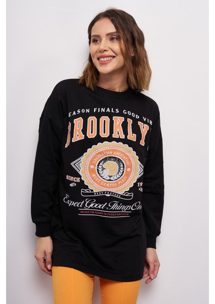 Kadın Düşük Kol Brooklyn Baskılı Sweatshirt