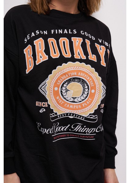 Kadın Düşük Kol Brooklyn Baskılı Sweatshirt