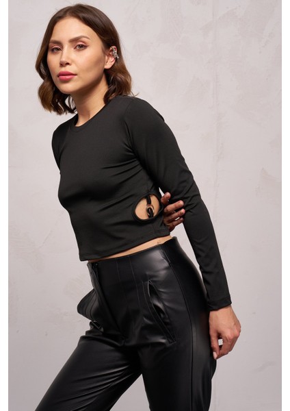 Kadın Yanları Halkalı Dalgıç Crop Body Siyah - 5406