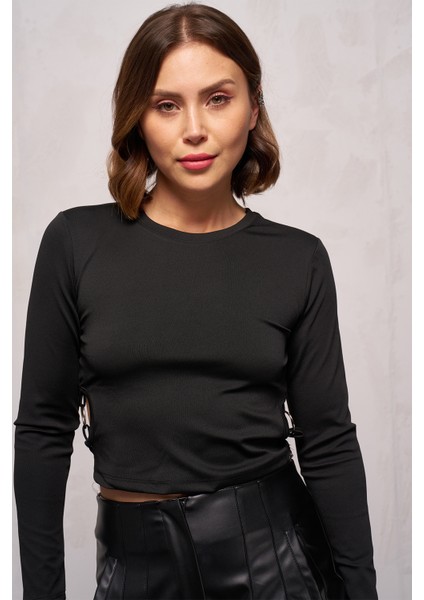 Kadın Yanları Halkalı Dalgıç Crop Body Siyah - 5406
