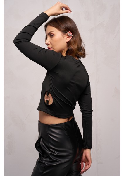 Kadın Yanları Halkalı Dalgıç Crop Body Siyah - 5406