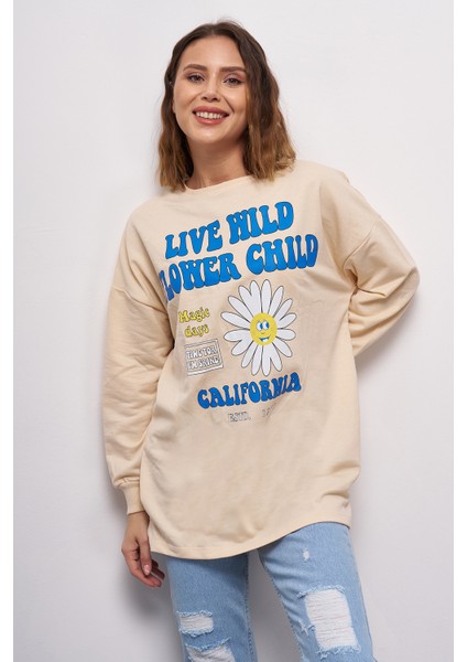 Kadın Düşük Kol Live Wild Baskılı Sweatshirt