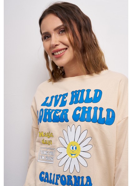 Kadın Düşük Kol Live Wild Baskılı Sweatshirt