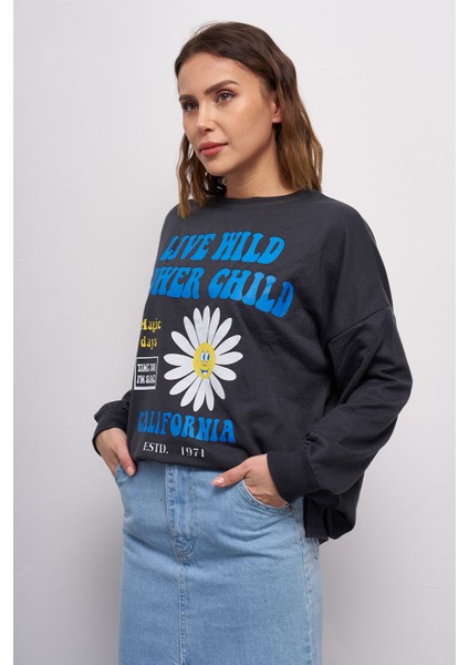 Kadın Düşük Kol Live Wild Baskılı Sweatshirt