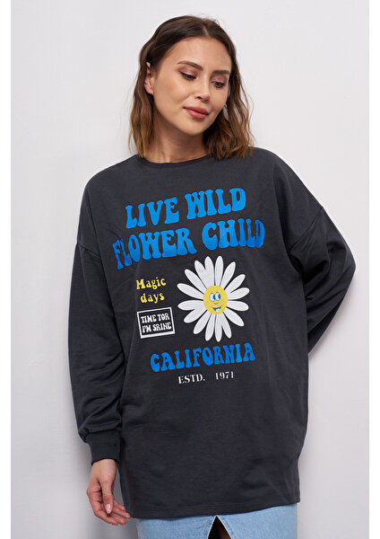 Kadın Düşük Kol Live Wild Baskılı Sweatshirt