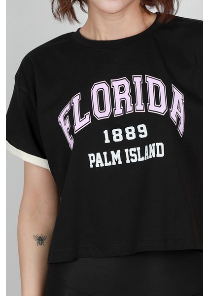 Kadın Florida Baskılı Kolları Renkli T-Shirt - 0037