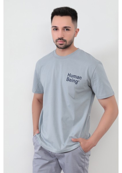 John Borners Açık Gri Human Baskılı Regular Kesim T-Shirt