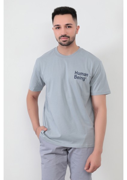 John Borners Açık Gri Human Baskılı Regular Kesim T-Shirt