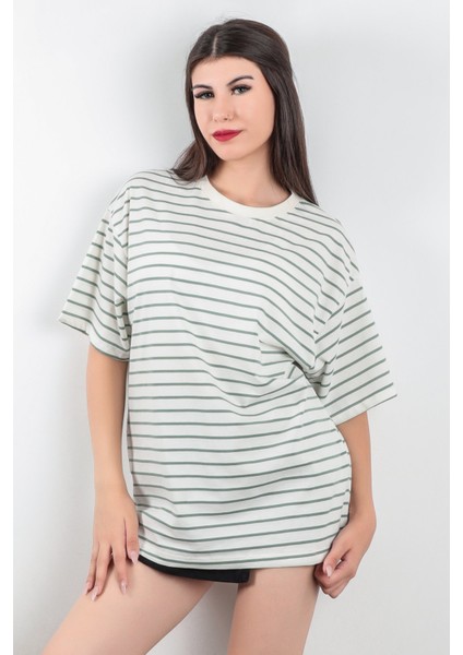 Çağla Yeşili Süprem Bisiklet Yaka Çizgili Kadın T-Shirt %100 Pamuk - 24805 fiyatları