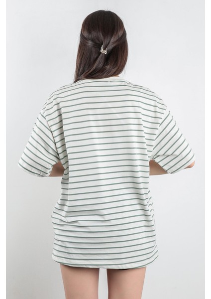 Çağla Yeşili Süprem Bisiklet Yaka Çizgili Kadın T-Shirt %100 Pamuk - 24805 modelleri