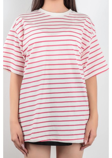 Şeker Pembe Süprem Bisiklet Yaka Çizgili Kadın T-Shirt %100 Pamuk - 24805