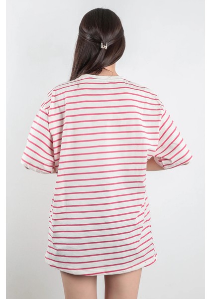 Şeker Pembe Süprem Bisiklet Yaka Çizgili Kadın T-Shirt %100 Pamuk - 24805