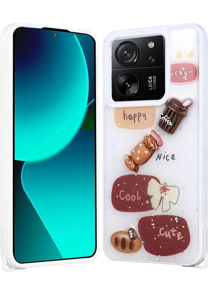 Xiaomi Mi 13T Kılıf Parlayan Sıvılı Simli Kabartma Figürlü Zore Cevze Kapak-Beyaz