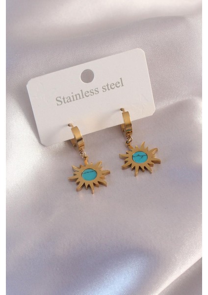 E-Bijuteri Çelik Gold Renk Güneş Figür Mavi Taş Detay Kadın Küpe