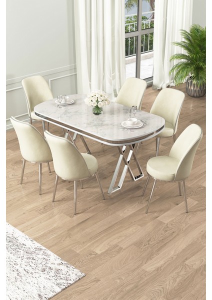 Lai Serisi 90x168 Lak Panel Beyaz Mermer Desen Krom Ayak Masa Takımı Ve 6 Krem Sandalye
