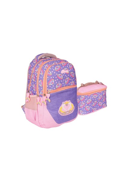 Kalpli Desen Mor Pembe Renkli Kız Çocuk Ilkokul Sırt Çantası ve Beslenme Çantası 2li Se