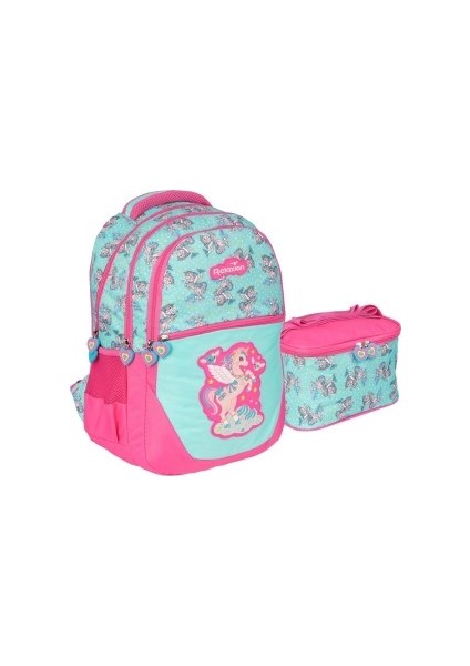 Unicorn Pembe Yeşil Kız Çocuk Ilkokul Sırt Çantası ve Beslenme Çantası 2li Set
