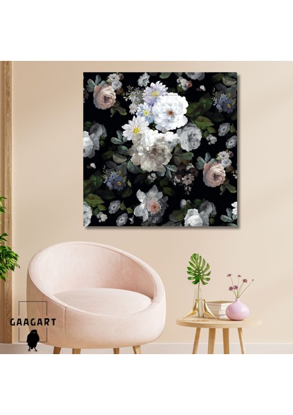Tekli Kare Kanvas Tablo Siyah Fonda Pastel Çiçekler