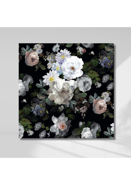 Tekli Kare Kanvas Tablo Siyah Fonda Pastel Çiçekler modelleri