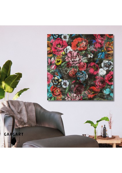 Tekli Kare Kanvas Tablo Kırmızı Pembe Mavi Çiçekler