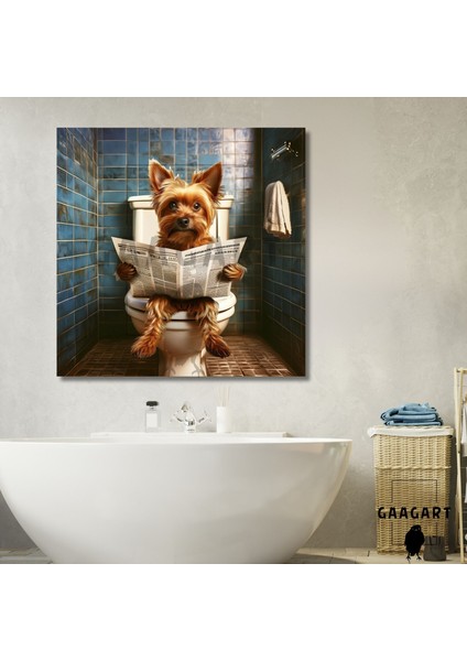 Tekli Kare Kanvas Banyo Tablosu Gazete Okuyan Yorkshire Köpek