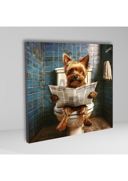 Tekli Kare Kanvas Banyo Tablosu Gazete Okuyan Yorkshire Köpek fiyatları