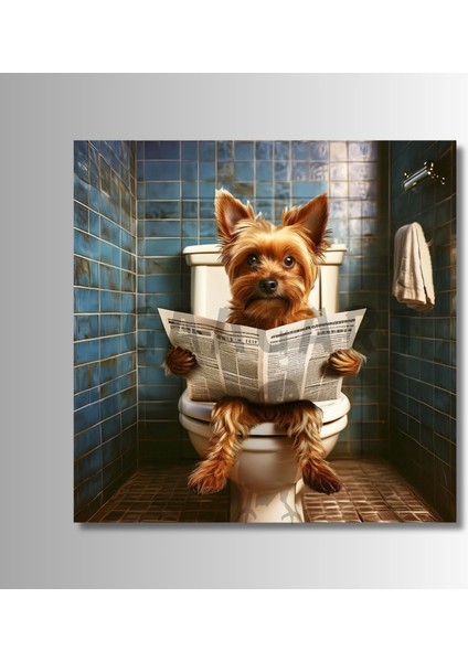 Tekli Kare Kanvas Banyo Tablosu Gazete Okuyan Yorkshire Köpek modelleri