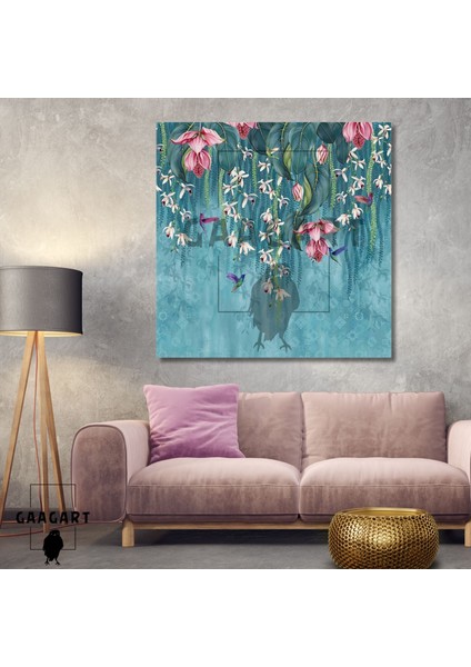 Tekli Kare Kanvas Tablo Mavi Fonda Pembe Çiçekler ve Kuşlar
