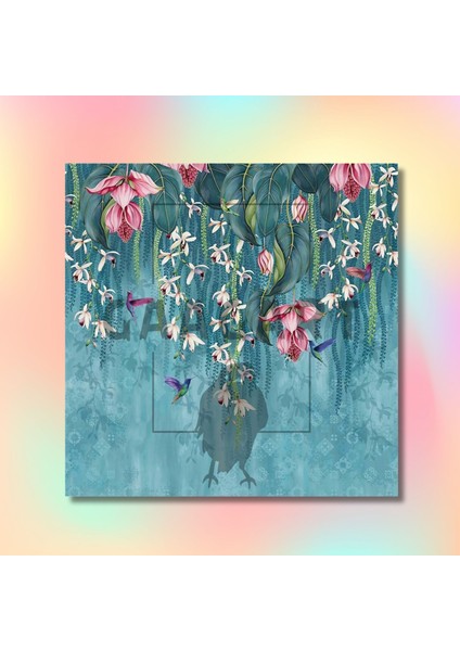 Tekli Kare Kanvas Tablo Mavi Fonda Pembe Çiçekler ve Kuşlar modelleri