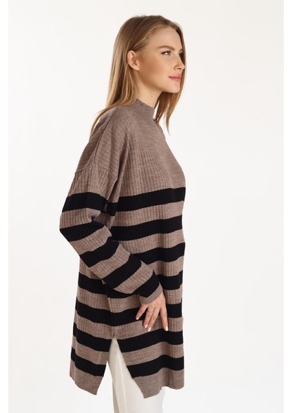 5330 Çizgili Triko Tunik Vizon