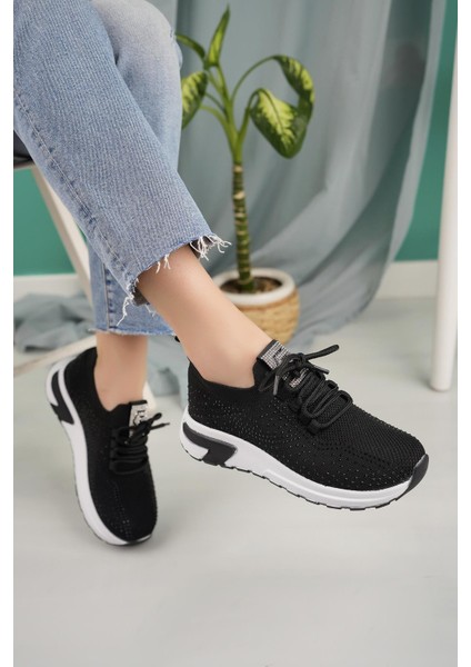 Kadın Bağcıklı Taşlı Triko Rahat Kadın Sneaker